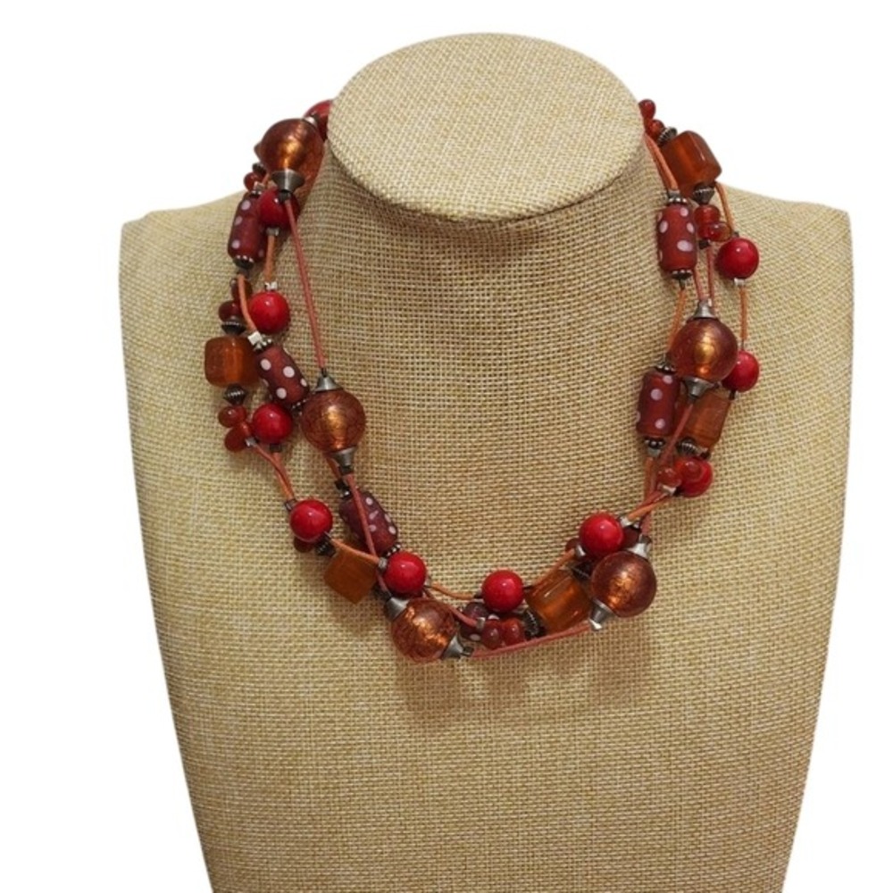 Treska Gypsy Warehouse Red Amber Beaded Multi-Strand Statement Necklace Boho NWT